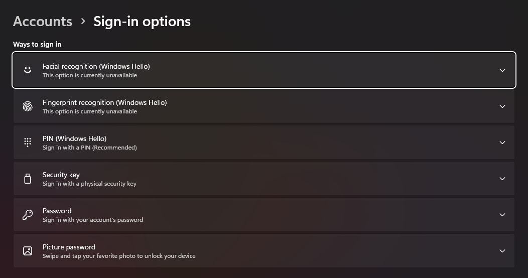 Screenshot of Windows Hello method options