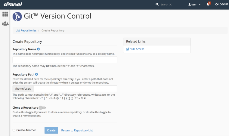 cPanel Git Version Control example